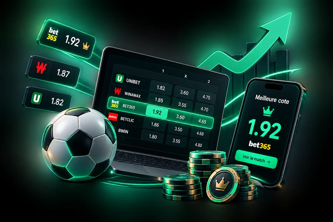 Ordinateur, smartphone, ballon et cotes illustrant le fonctionnement des cotes des bookmakers