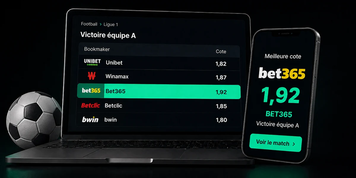 Comparatif de cotes sur ordinateur et mobile avec meilleure cote Bet365 à 1,92
