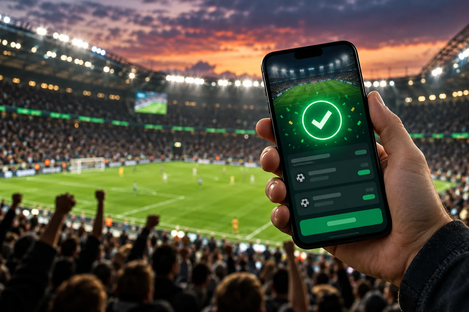 Supporter devant un stade tenant un téléphone affichant un pari gagnant symbolique