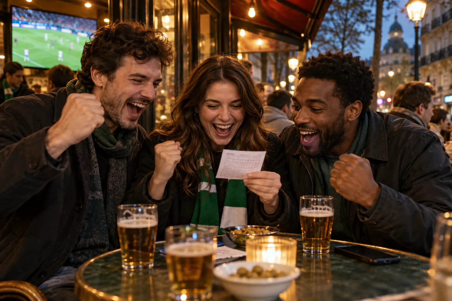 Trois amis regardent ensemble une grille de pronostics pendant un match de football