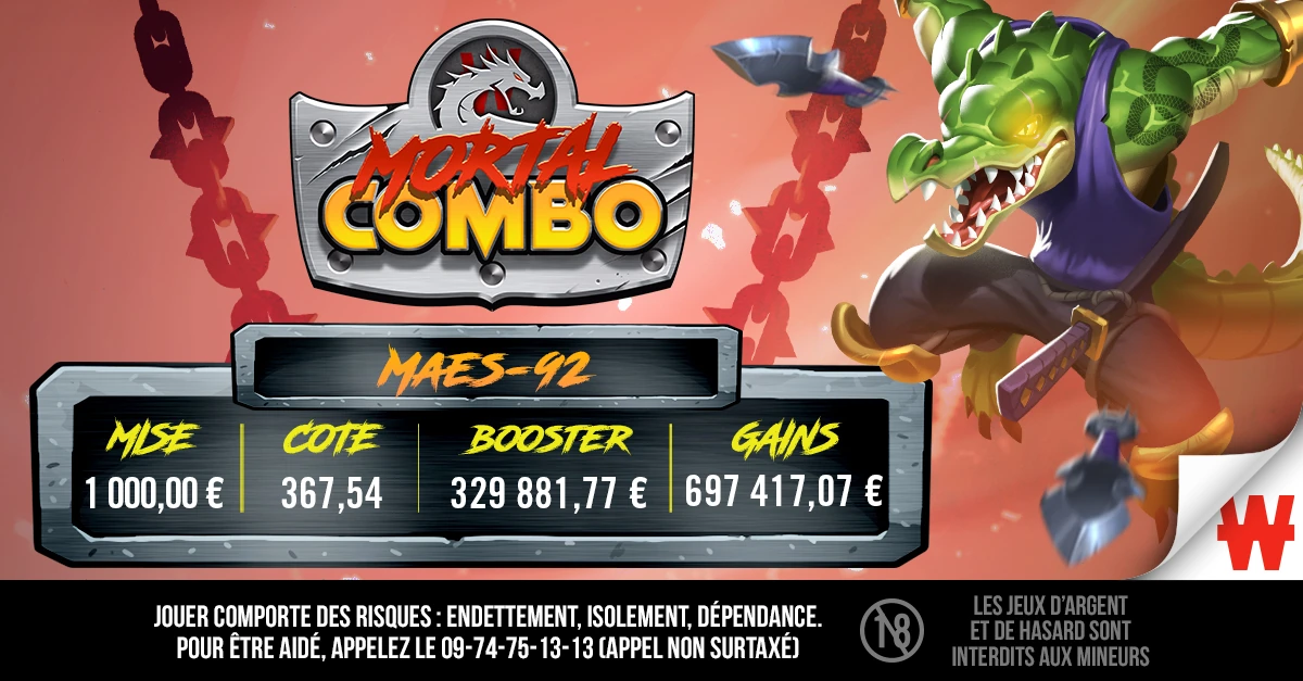 Capture d’un ticket Winamax Mortal Combo de Maes-92 affichant 697 417,07 euros de gains après une mise de 1 000 euros
