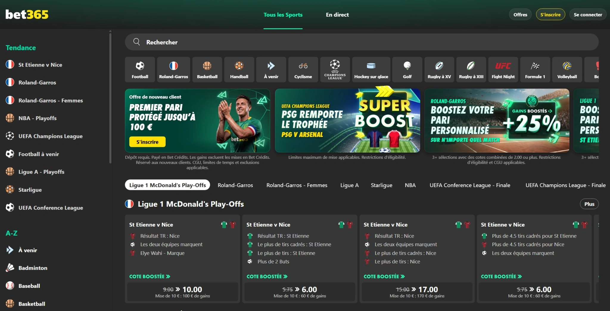 Capture de l’interface bet365 France sur ordinateur