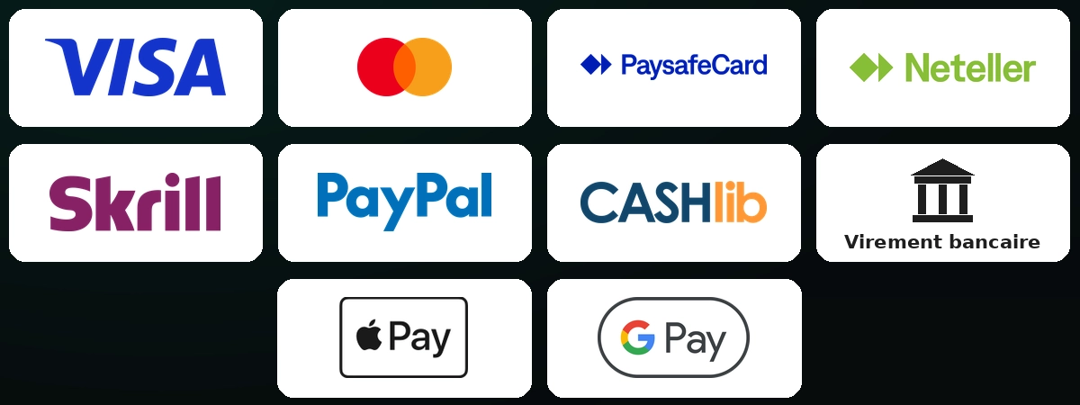 Méthodes de paiement bet365 : Visa, Mastercard, PaysafeCard, Neteller, Skrill, PayPal, Cashlib, virement bancaire, Apple Pay et Google Pay