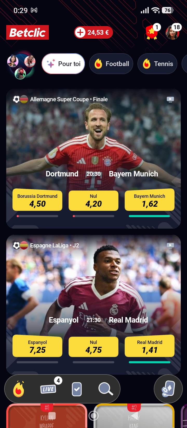 Capture réelle de l’application mobile Betclic