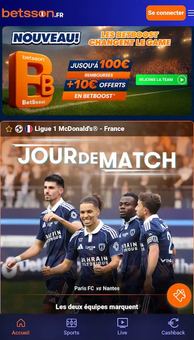 Capture réelle de l'application Betsson