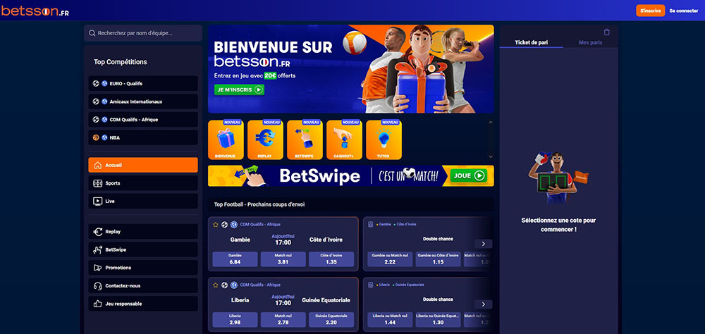 Capture réelle de la page principale Betsson