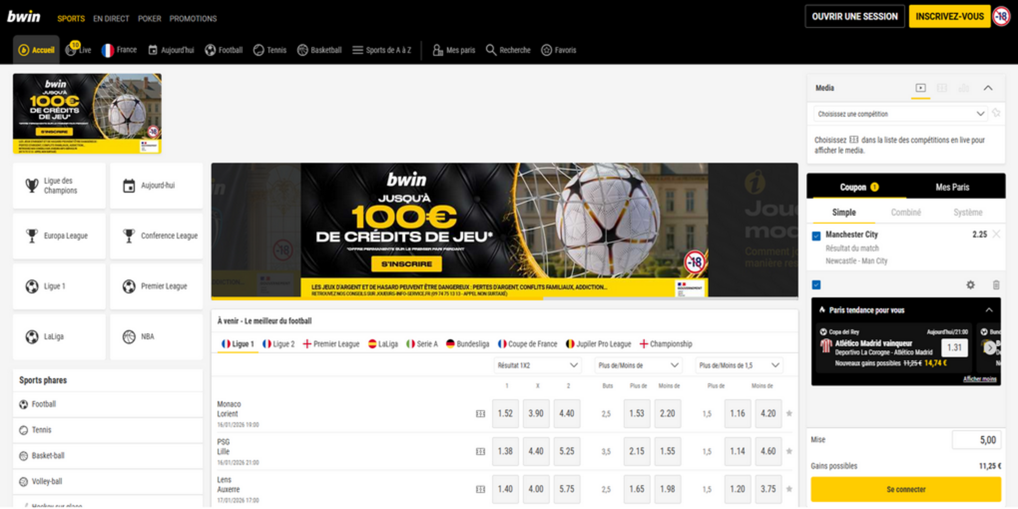 Aperçu réel de l’interface desktop Bwin France