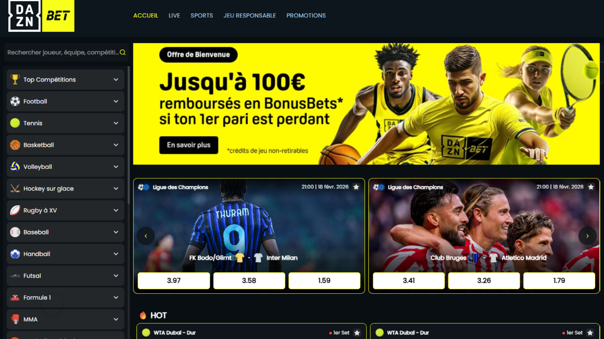Aperçu officiel du site DAZN BET France