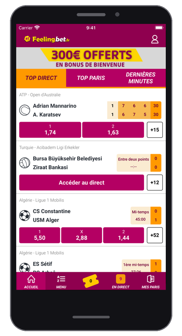 Application mobile officielle Feelingbet dans un cadre smartphone