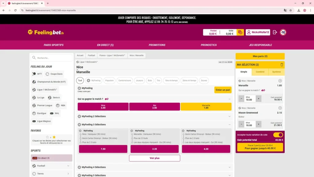 Capture réelle du site Feelingbet France sur ordinateur