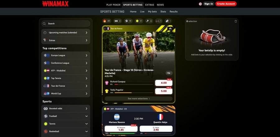 Capture réelle de l’interface paris sportifs Winamax